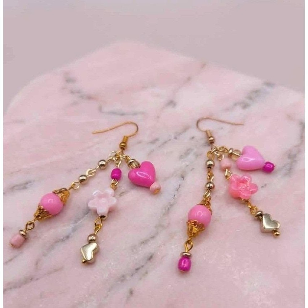 Handmade Earrings Kidcore Princesscore Pink Heart Flower Mismatched Drop Dangle